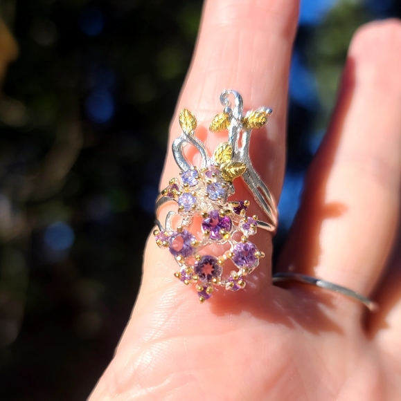 Amethyst & Topaz floral sterling & gold finger cuff sz7.75 - Picture 6 of 12